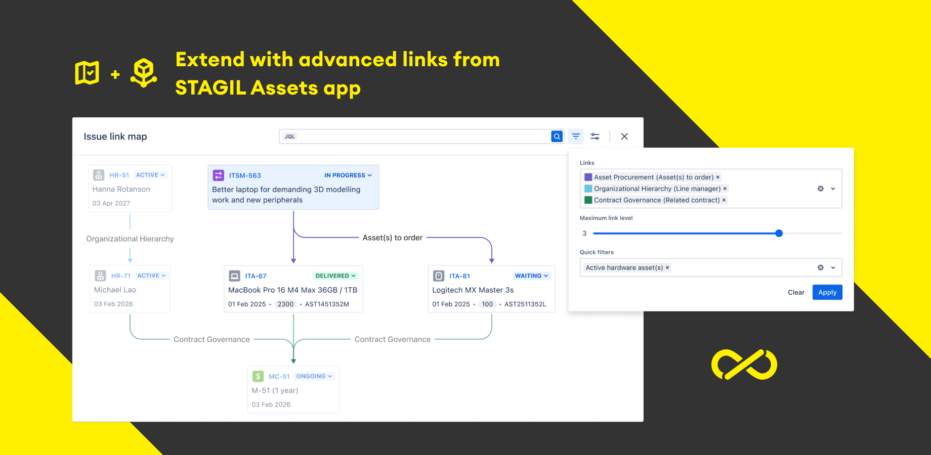 Enhance dependency management by connecting STAGIL Issue Maps with ​STAGIL Assets. Manage issue relationships through sophisticated link configurations leveraging tailored advanced link fields.​