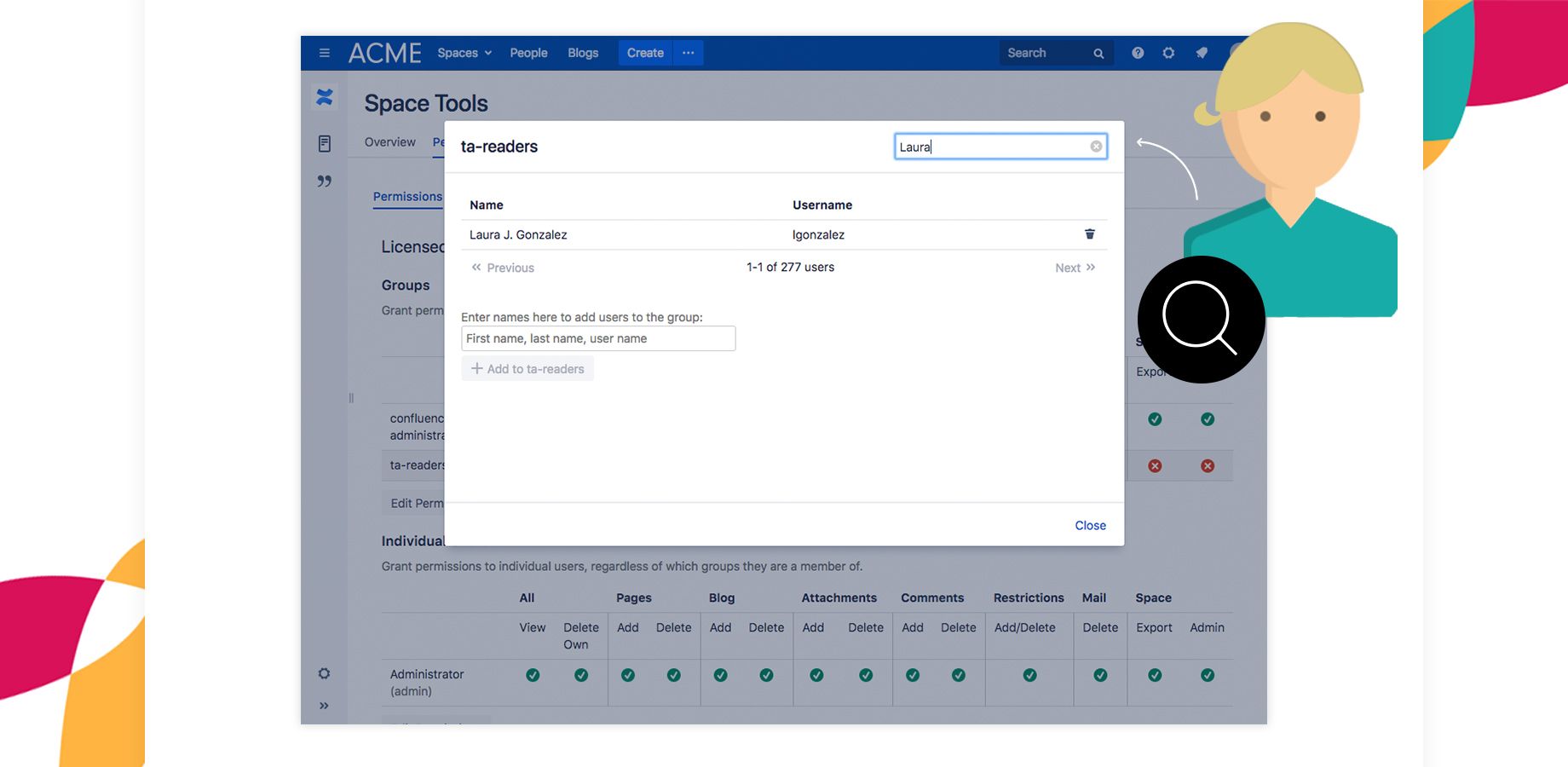 Quickly find specific users in your Confluence groups using the built-in search filter. Save time and manage your team efficiently.