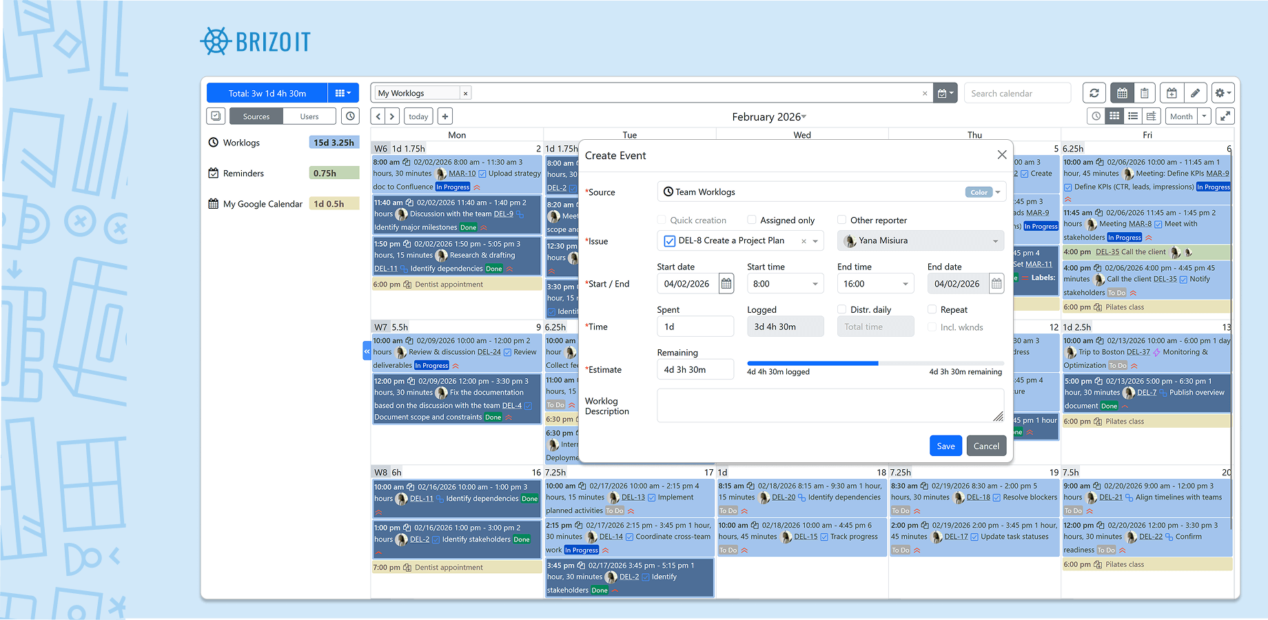 Plan and report your work activities on calendar by simply dragging time boxes.You can move or resize existing time entries. Switch between weekly, monthly or daily views. See you day hours and hours for selected period.