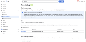 Each form has its own page: the link to share, a reminder to test it first, how often it has been opened and submitted, and the issues it has produced.