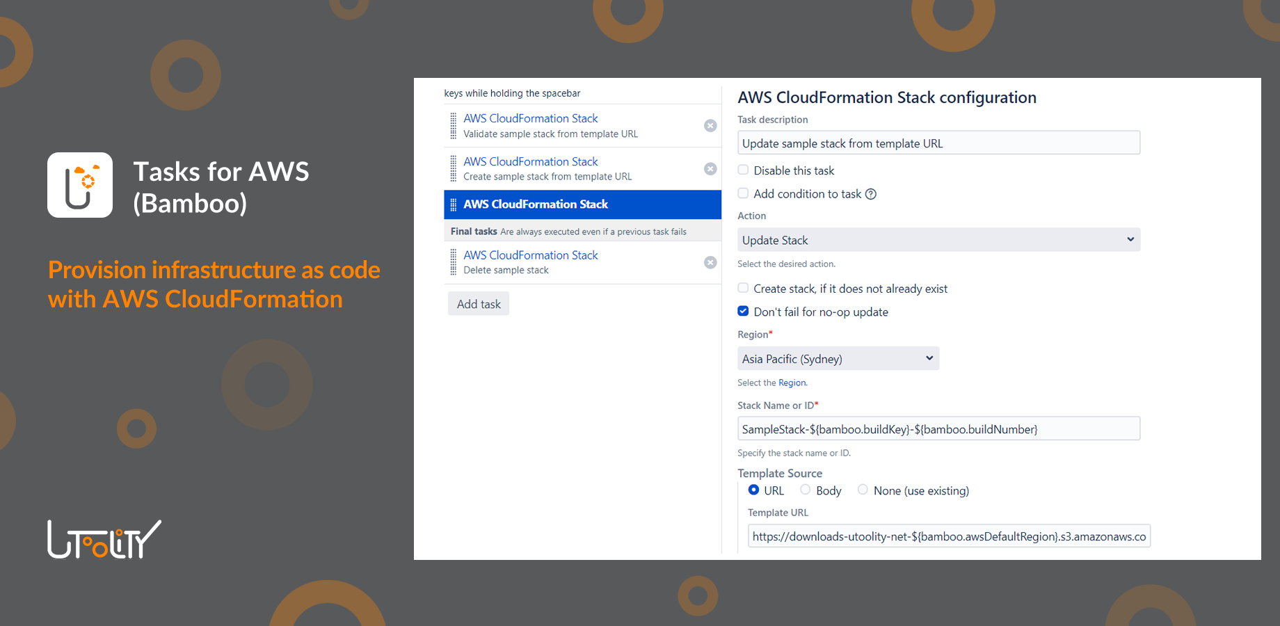 Illustrates the AWS CloudFormation Stack update task configuration – note the use of Bamboo variables within stack parameter; similarly, stack outputs can be used in subsequent tasks