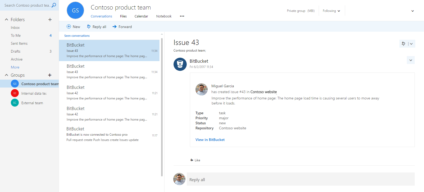 View BitBucket updates in Office 365 groups
