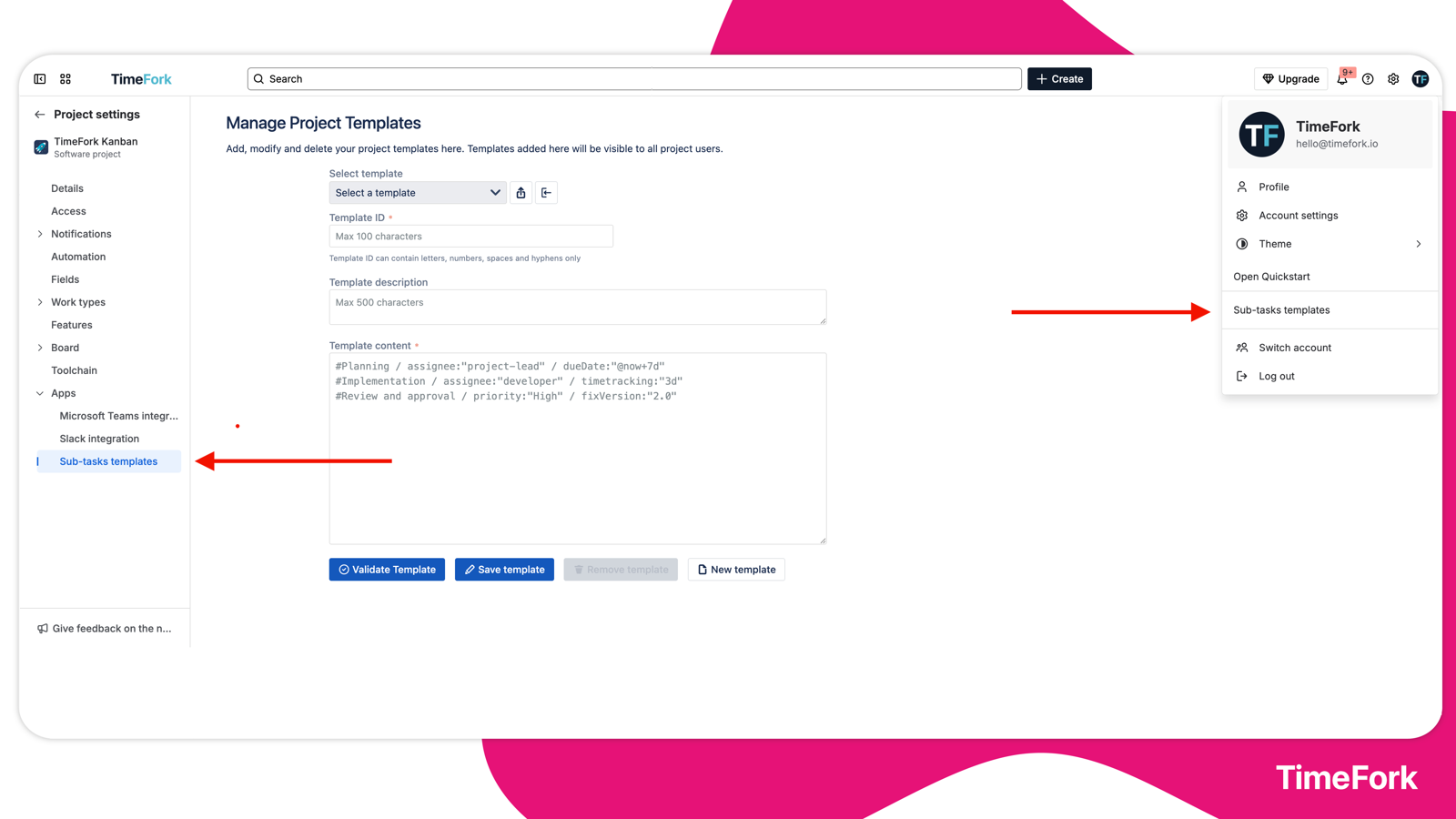 Manage user and project templates