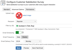 Email Branding and Customer Logo. JQL filter on which type of issues receives survey. Email batching to reduce email spam. Set delivery time to maximize response rate. Custom recipient field.