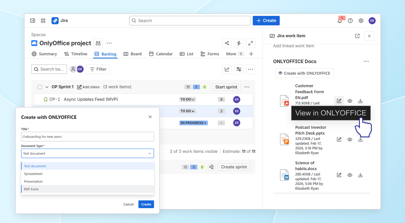 In this screenshot, you can see how Jira interface with the integrated ONLYOFFICE Docs looks like.