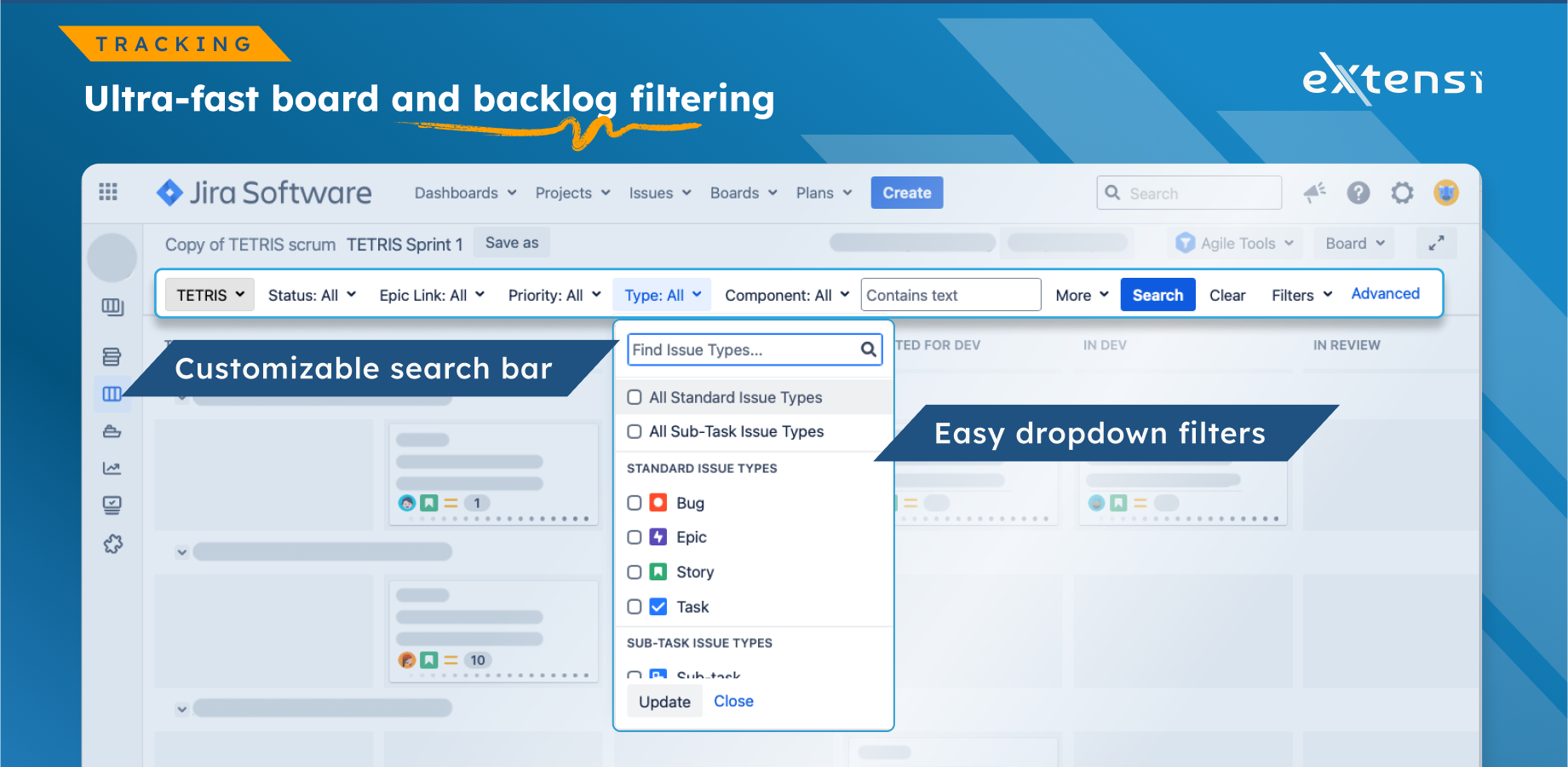 Quickly filter issues on Jira boards and backlogs by issue types, sprints, statuses, priorities, Components, Reporters, Assignees, Labels, Epics, dates, or Fix Versions