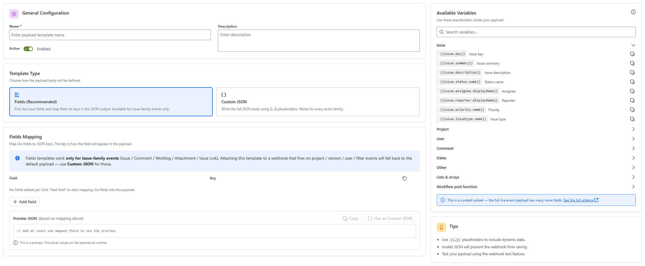 The Payload Template editor with Fields and Custom JSON modes, a searchable list of available variables on the right, and a live JSON preview as you map fields to keys.