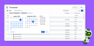 The timesheet allows you to create work log reports with a lot of different filtering options. One example is selecting a date range.