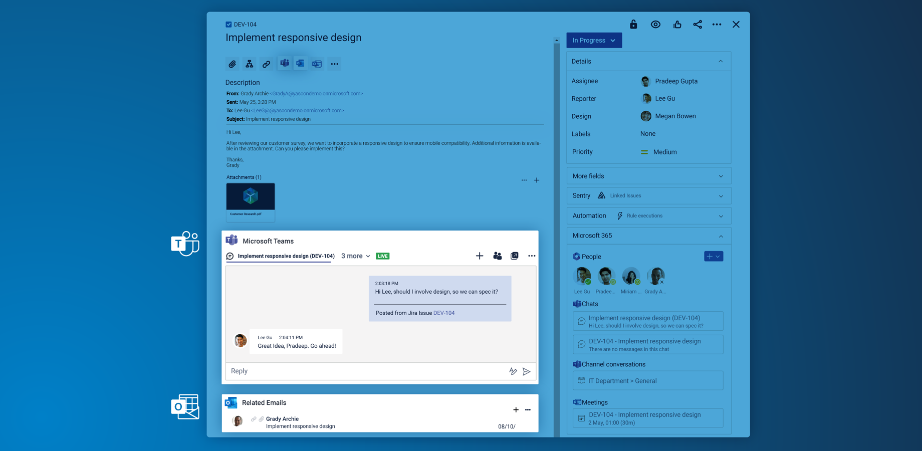 Ideal integration: Add Microsoft 365 functionality to Jira. View content from Outlook emails, start a Microsoft Teams chat or channel conversation, easily schedule a meeting, and add your calendar to Jira.​