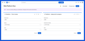 The whole configuration in one place: a project key, a range of the last 30, 60 or 90 days — the comparison window on the aging gadget — and a table or bar chart view.
