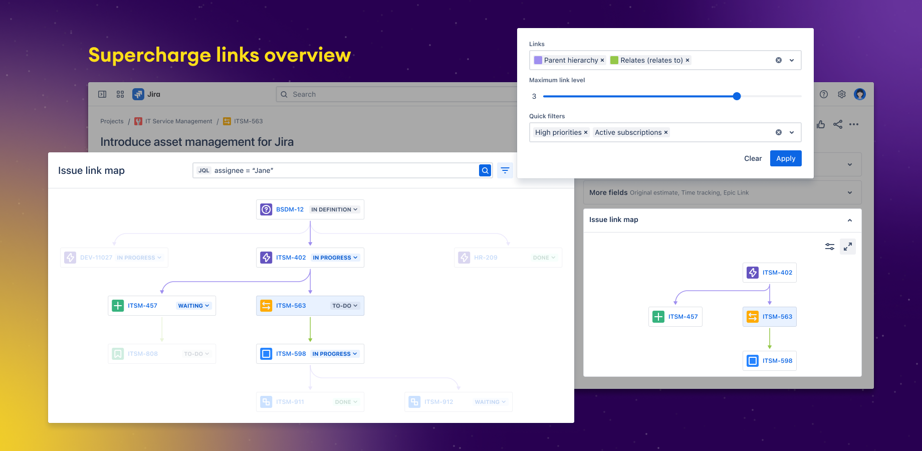 Visualize complex Jira issue dependencies with interactive link maps. Filter by link types, track parent-child relationships, and manage cross-project dependencies. Perfect for enterprise portfolio management.​