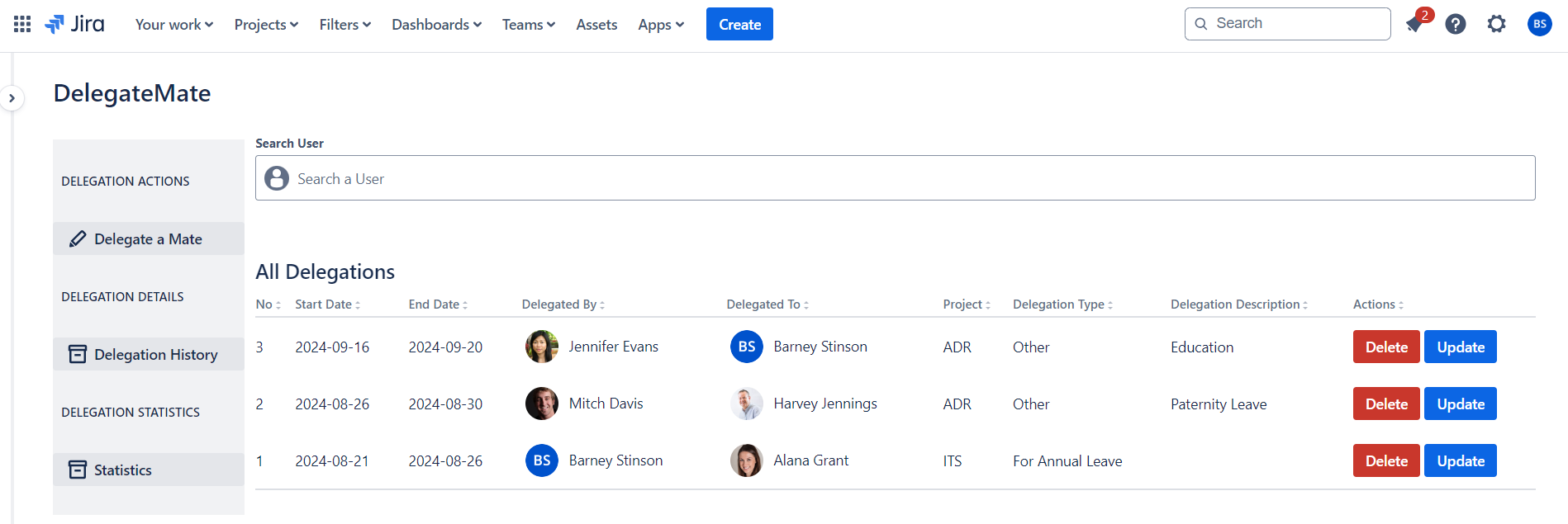 Jira admins can view all users delegation entries