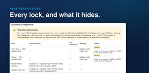 Every restricted page in a space, and the pages a locked ancestor hides, in one list. The banner above says what the app itself could not see.