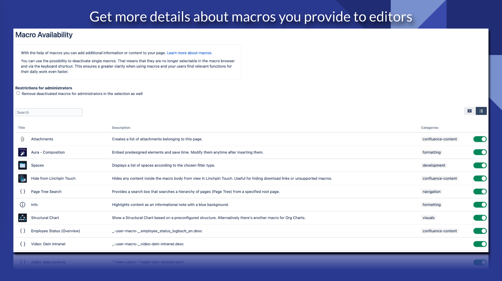 Overview of macros with actions as a list view
