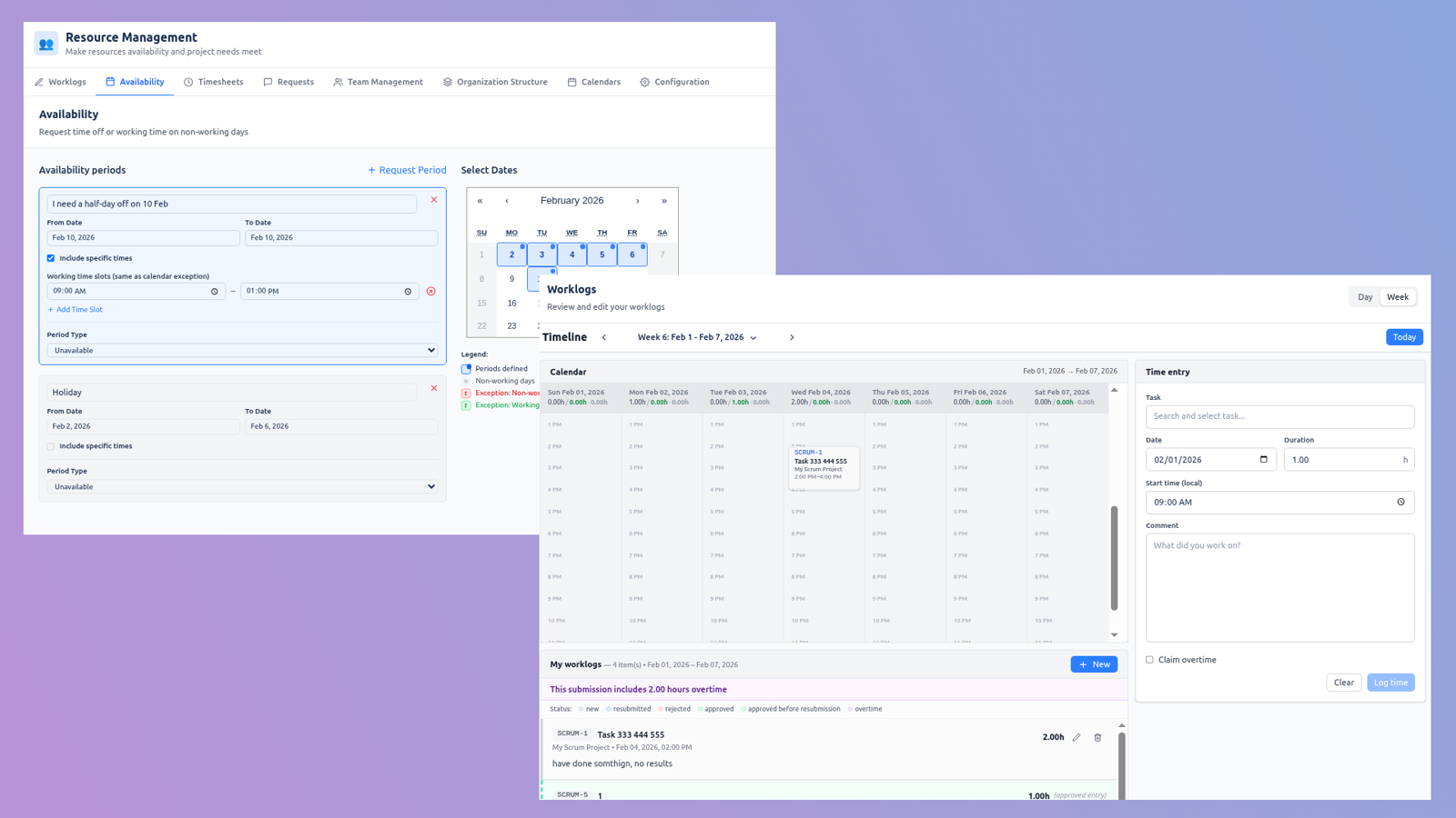 Worklogs, Availability Self-Service & Approval
