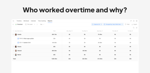 Analyze timesheets by team member to identify overtime trends, uncover the reasons behind them, or spot unused capacity for better resource management.