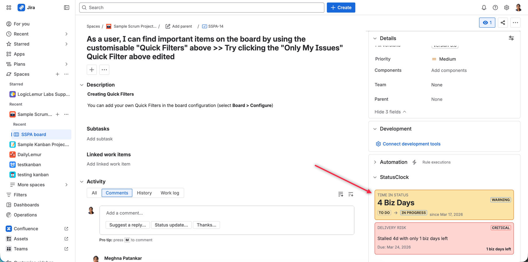 Real-time status age tracking directly within the Jira issue panel