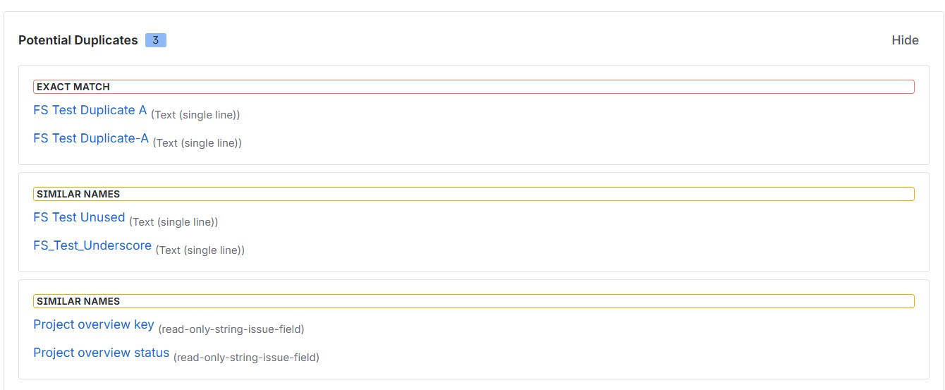 Potential Duplicates panel identifying 3 groups of duplicate or similarly named custom fields