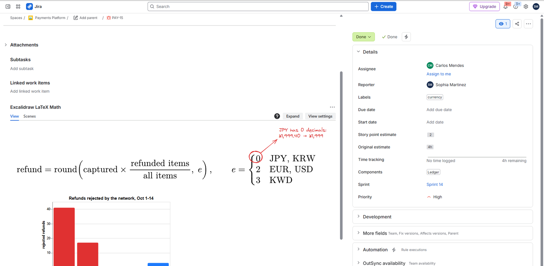 The rounding rule of a refund bug, written in LaTeX right on the Jira issue.