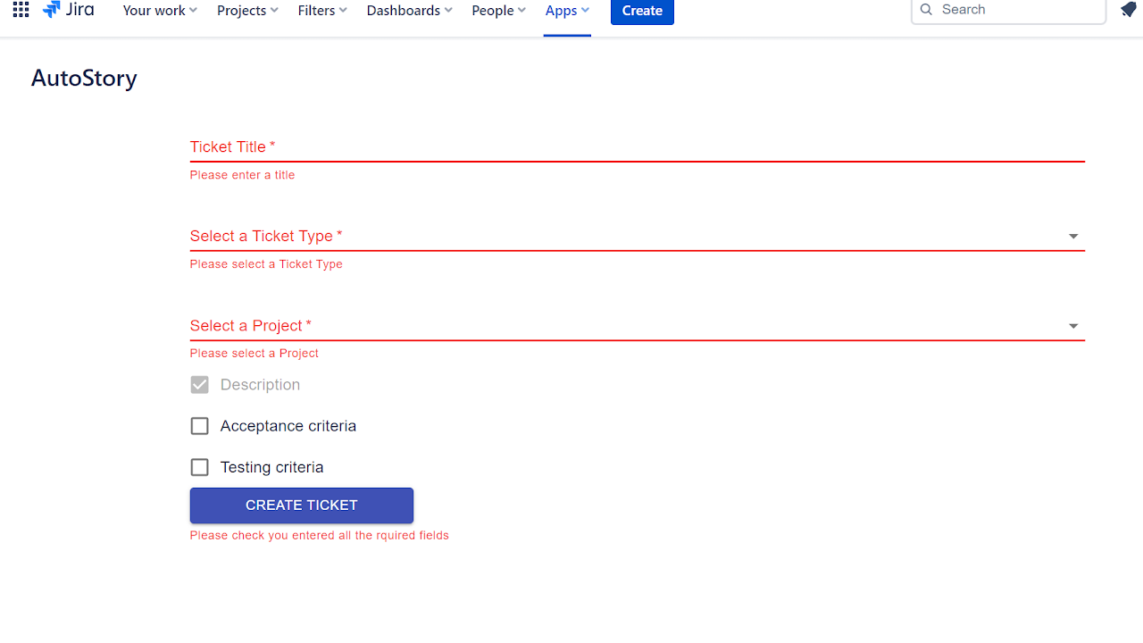 Fill in the title, ticket type, and project and let our AI through ChatGPT do the rest to create your ticket! AI User Story and AI Bug creation has never been easier. Save hundreds of hours a year per user.