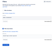 Filters synchronization further defines the scope of issues or work items to be synchronized. The power of JQL is leveraged to supercharge filtering and synchronizing with Azure’s WIQL.