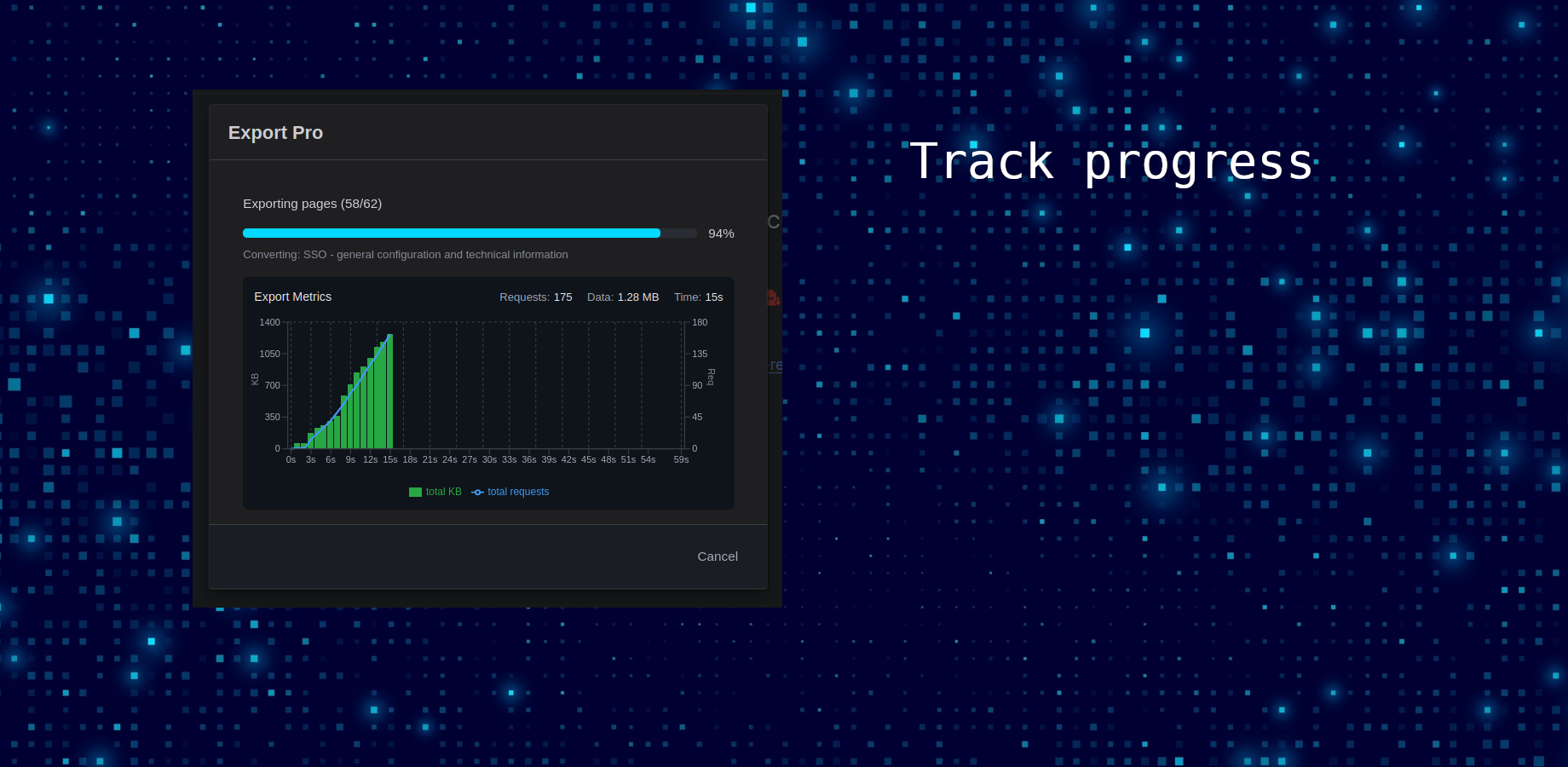 Real-time metrics show requests per second and throughput - streaming downloads handle spaces of any size without memory issues