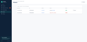 Restores: audit trail with requester, source work item, new key, step details and status.