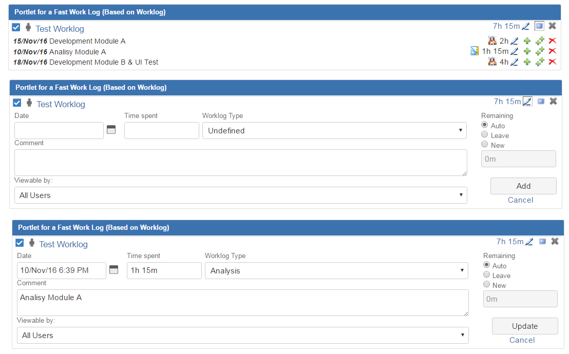 Logwork Gadget allowing Add and Update Worklogs.