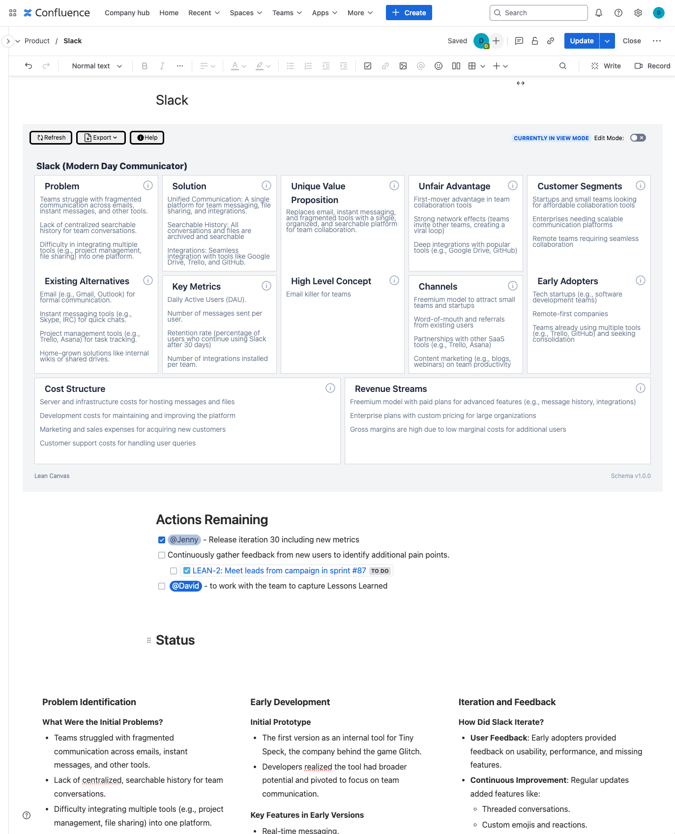 Lean Canvas Macro embedded in Confluence page as part of your workflow