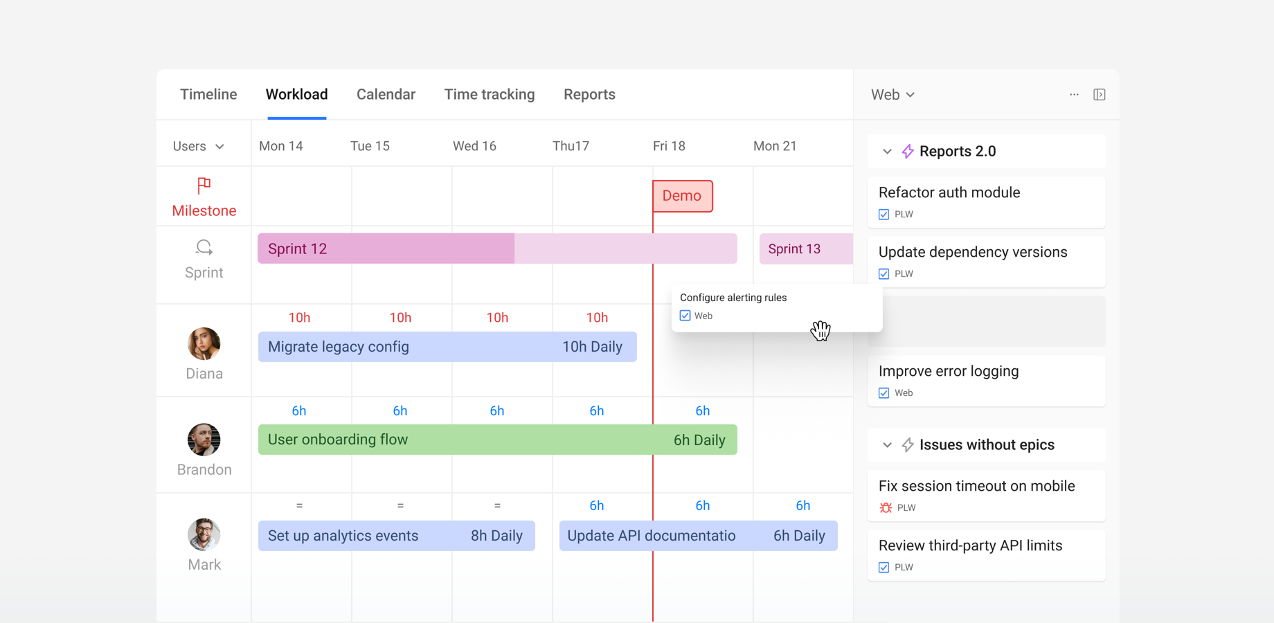 Manage team workload by mapping out issues on the timeline and allocating them to teammates. Check who is working on what and optimize your workload process with Jira resource management.
