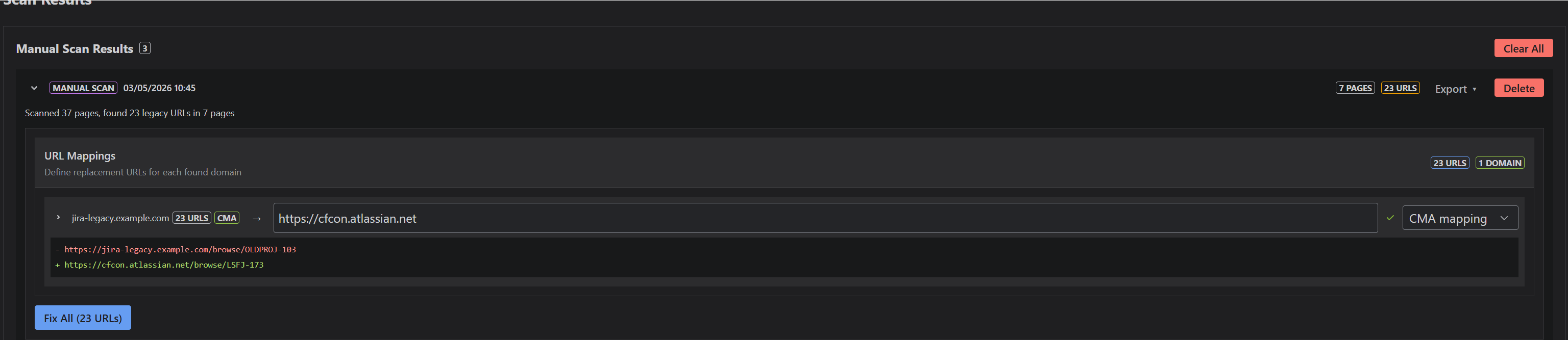 Scan results showing 23 legacy URLs across 7 pages with CMA mapping previewing issue key changes.