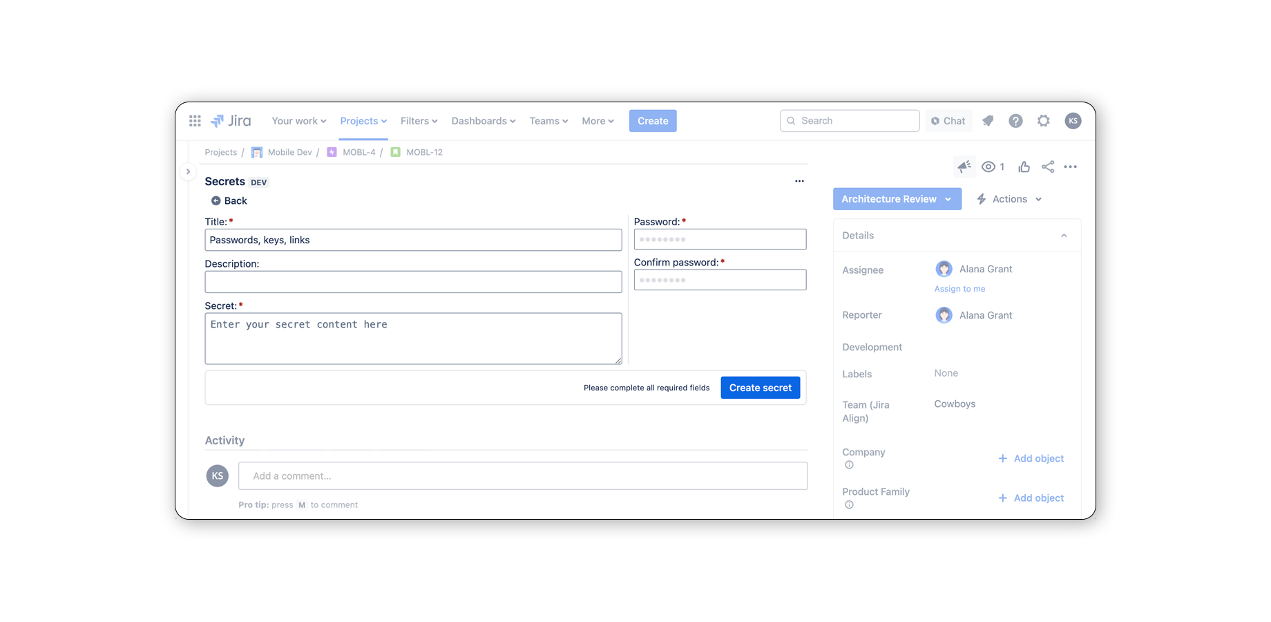 Passwords, access keys, links