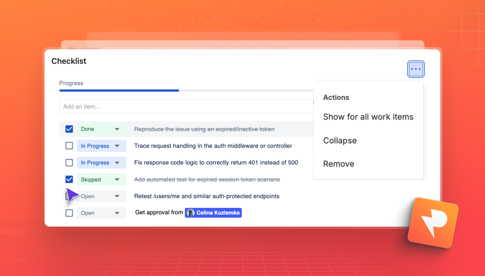 A to-do list item inside a Definition of Done checklist, showing a teammate tagged via @mention to own an acceptance criteria step, with a linked Confluence document attached for full context.