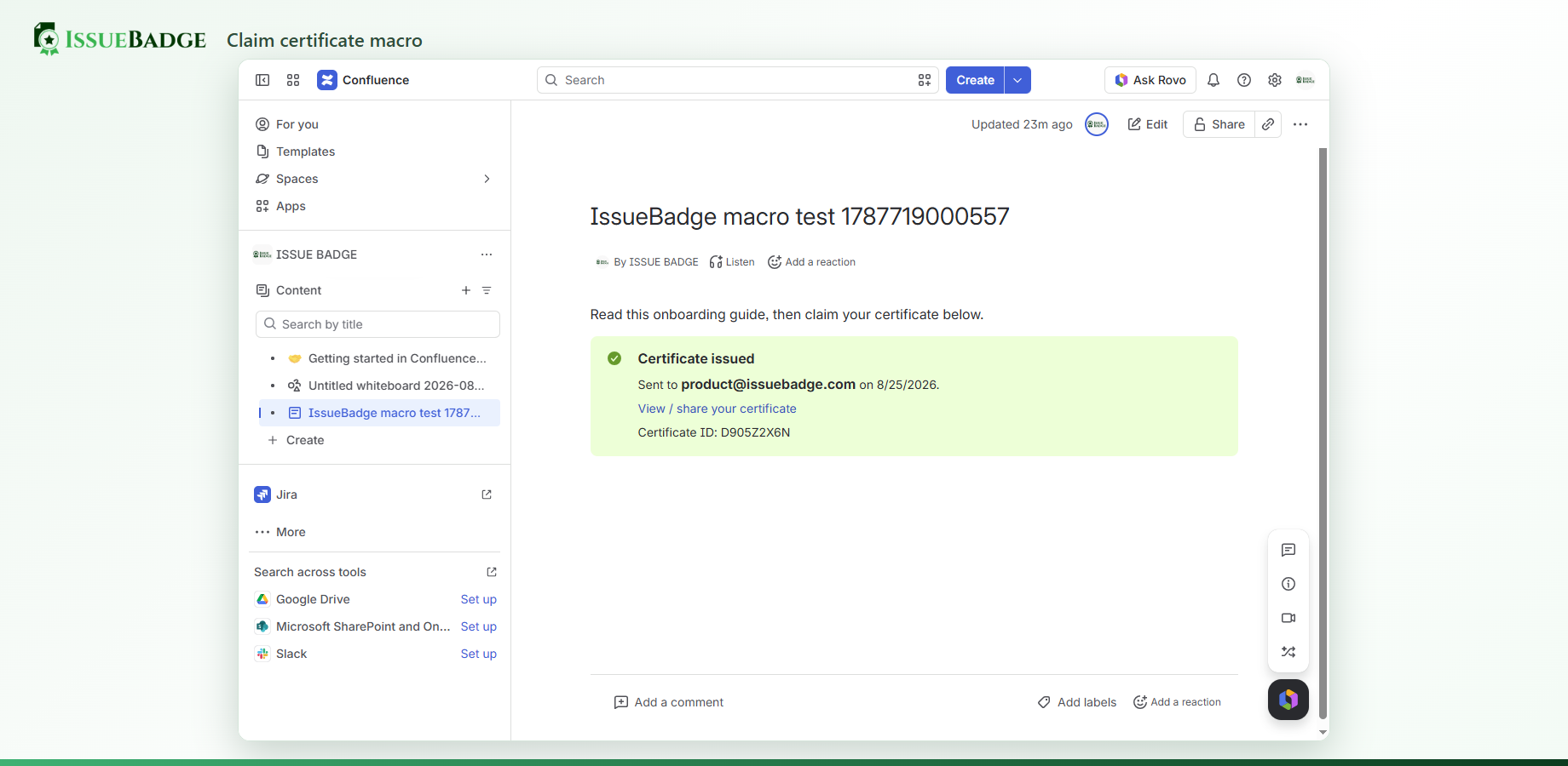 The macro after a reader claims: certificate ID, recipient and a link to view or share it.