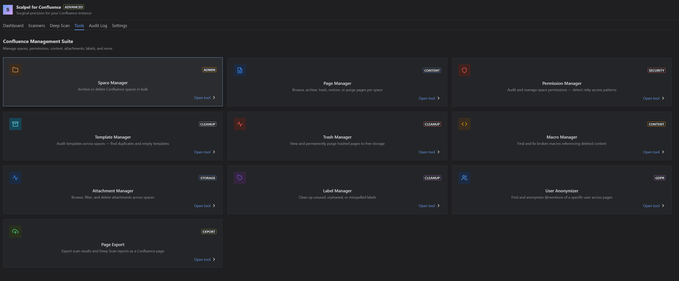 Confluence Management Suite with 10 admin tools for cleanup, content, security and export.