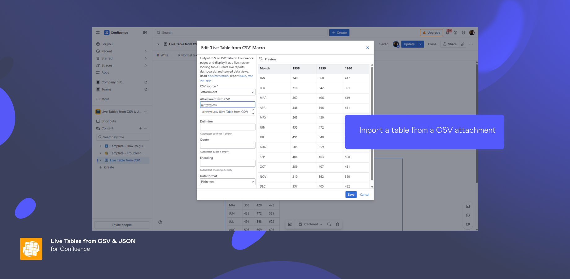 Import tables from CSV files attached to Confluence pages