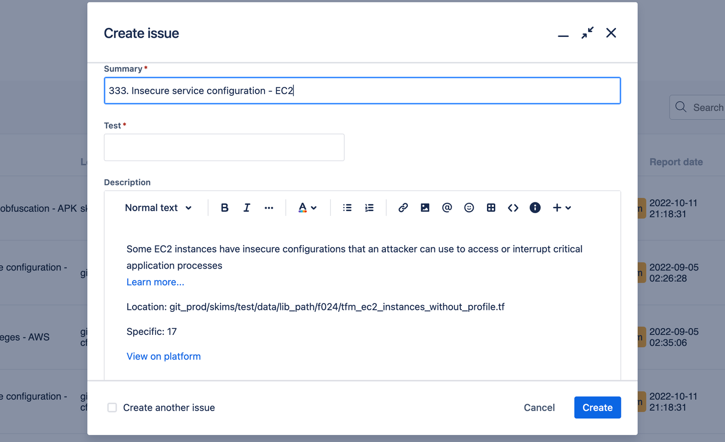 Create issues from vulnerabilities