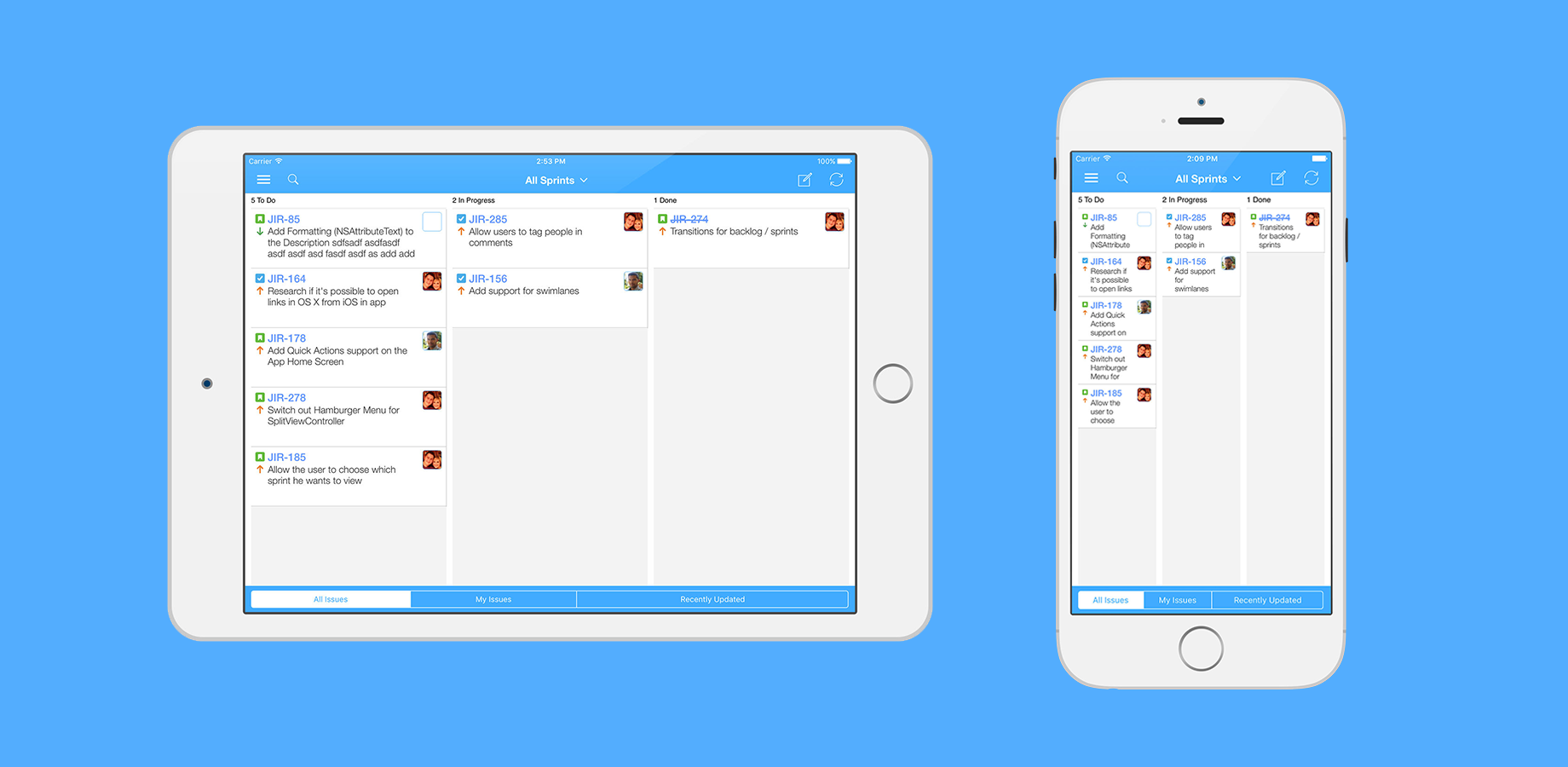 Visualize your team's tickets on a beautiful, fully native kanban or agile board (Portrait AND Landscape). Available on both iPhone & iPad.