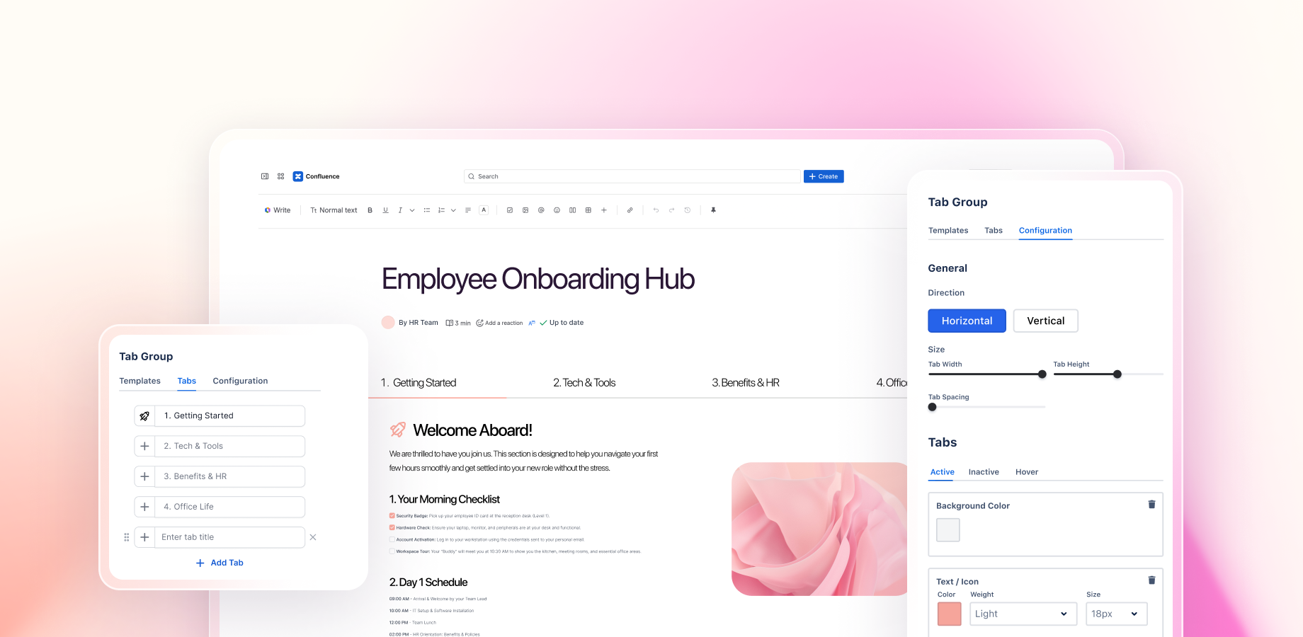 Aura Tabs macro in Confluence: Switch between horizontal and vertical tab layouts to organize documentation, knowledge bases, and project wikis. Clean navigation for complex content without cluttering your pages.