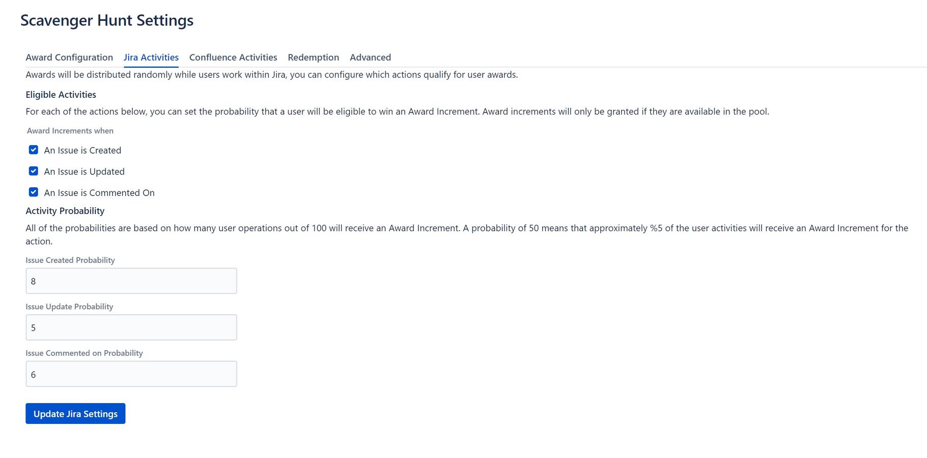 Activities and probabilities can be configured