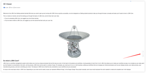 Interactive 3D model displayed in Confluence page. Hover controls appear in the bottom-right corner for zoom in, zoom out, and fit-to-screen operations.