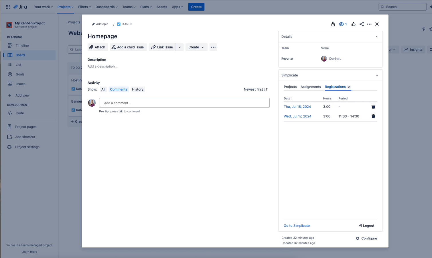 View your registrations in a JIRA-ticket