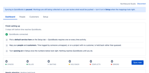 A first-run checklist walks a Jira admin through connecting QuickBooks, matching people, mapping projects to customers and turning the push on.