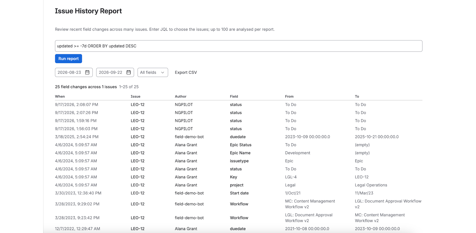 One table of field changes across a JQL-filtered issue set, with date range and field filters to narrow in. Export the filtered result to CSV for audits, standups, and change reviews.