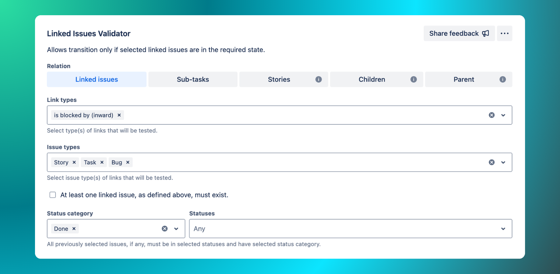 Linked Issues Validator – block transition until all linked issues (e.g. blockers) are in Done – ideal for Jira workflow conditions involving issue links, types, and status.