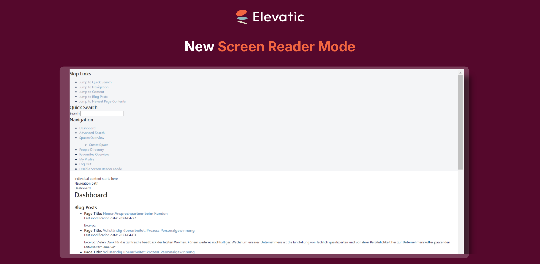The screen reader mode offers quick access to functions and pages.