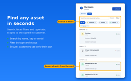The asset list with search, filters, type tabs and status badges. Customers find any asset in seconds.