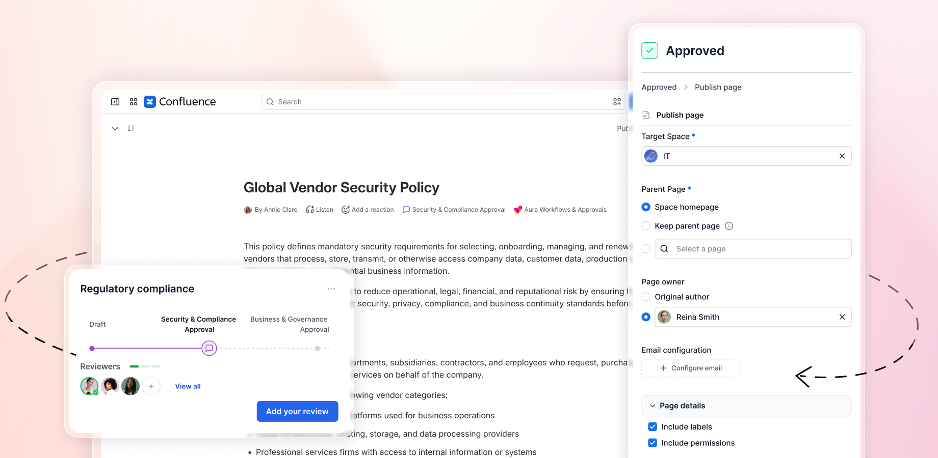 Create custom approval workflows in Confluence – from simple one-step to complex multi-step processes. Assign reviewers, track progress, and ensure content governance with ease.