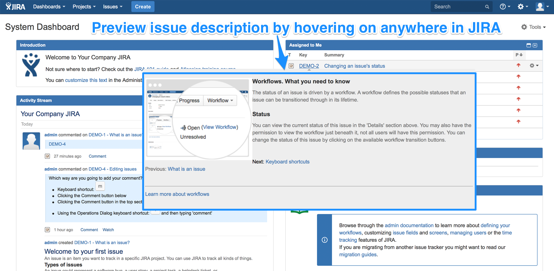 Preview Issue Descriptions from Dashboard