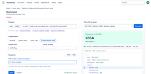 Set up an External Data Number field: add issue data like {{issue.key}} to the request URL, test against a real Jira issue, then click a value in the response to fill in the JSONPath.